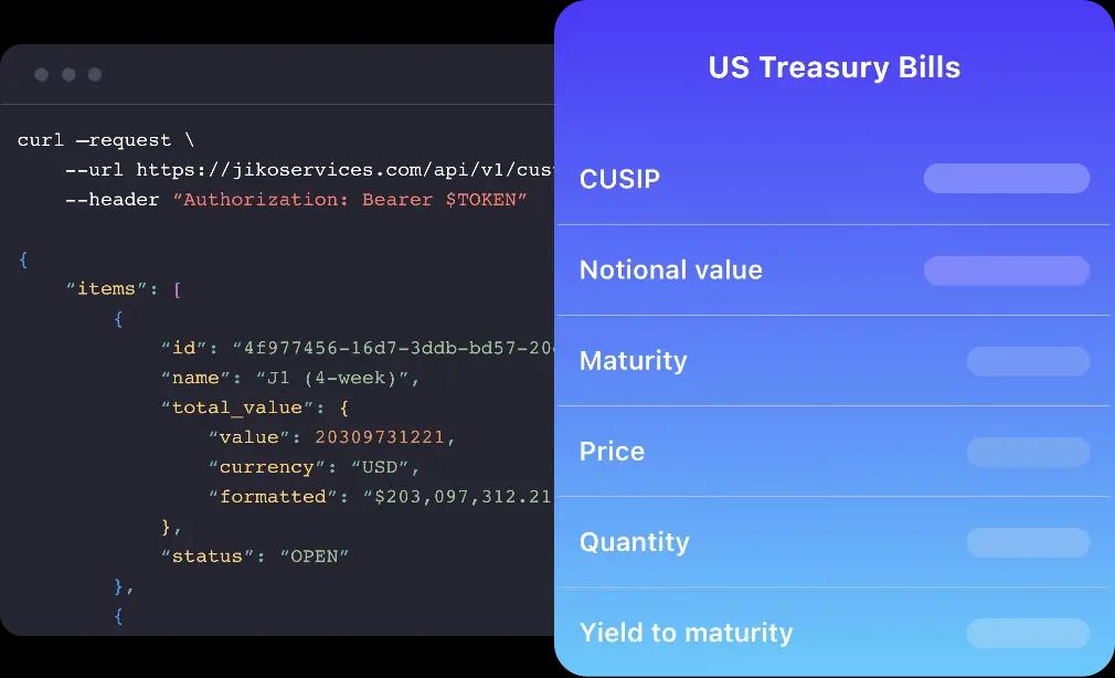 A small black rectangular interface showing a cURL command and code, situated behind a US Treasury Bill web component