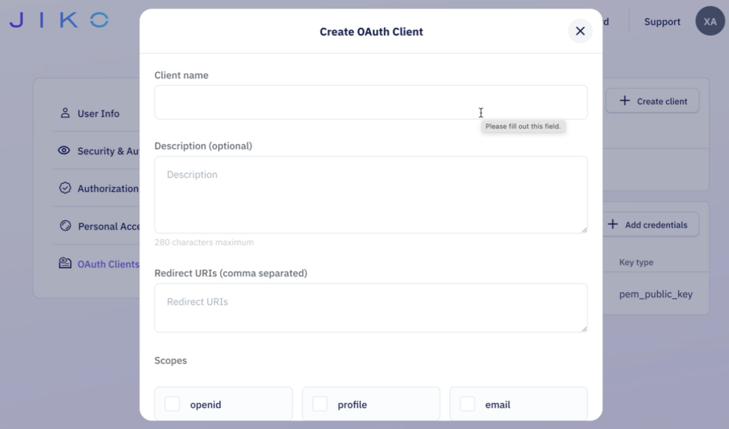 Jiko's Authentication Portal Create OAuth Client form