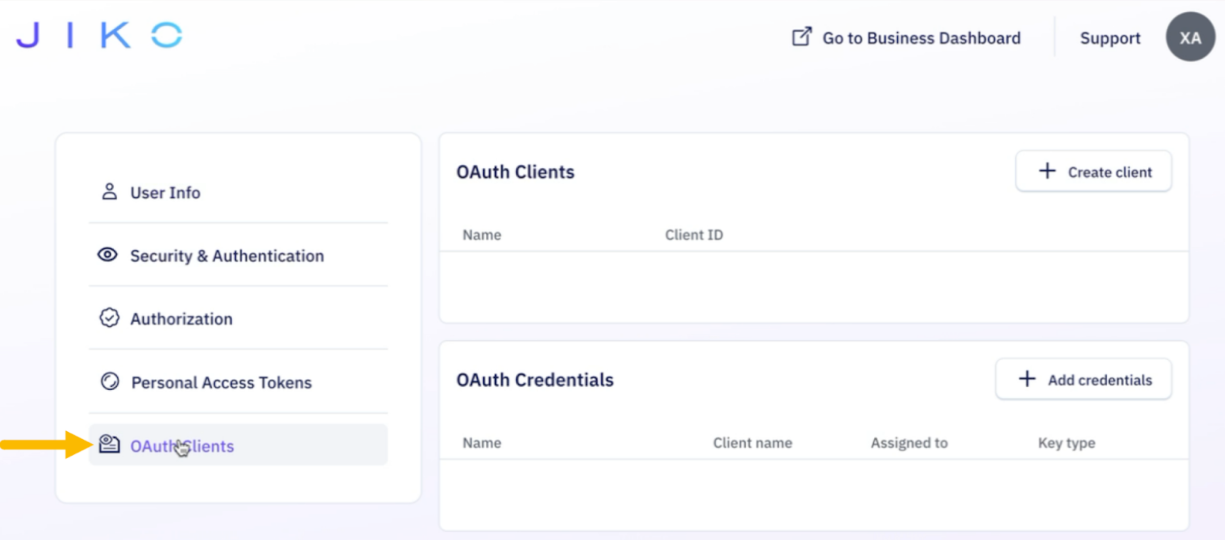 Jiko's Authentication Portal Settings Page, yellow arrow pointing to OAuth clients navigation item