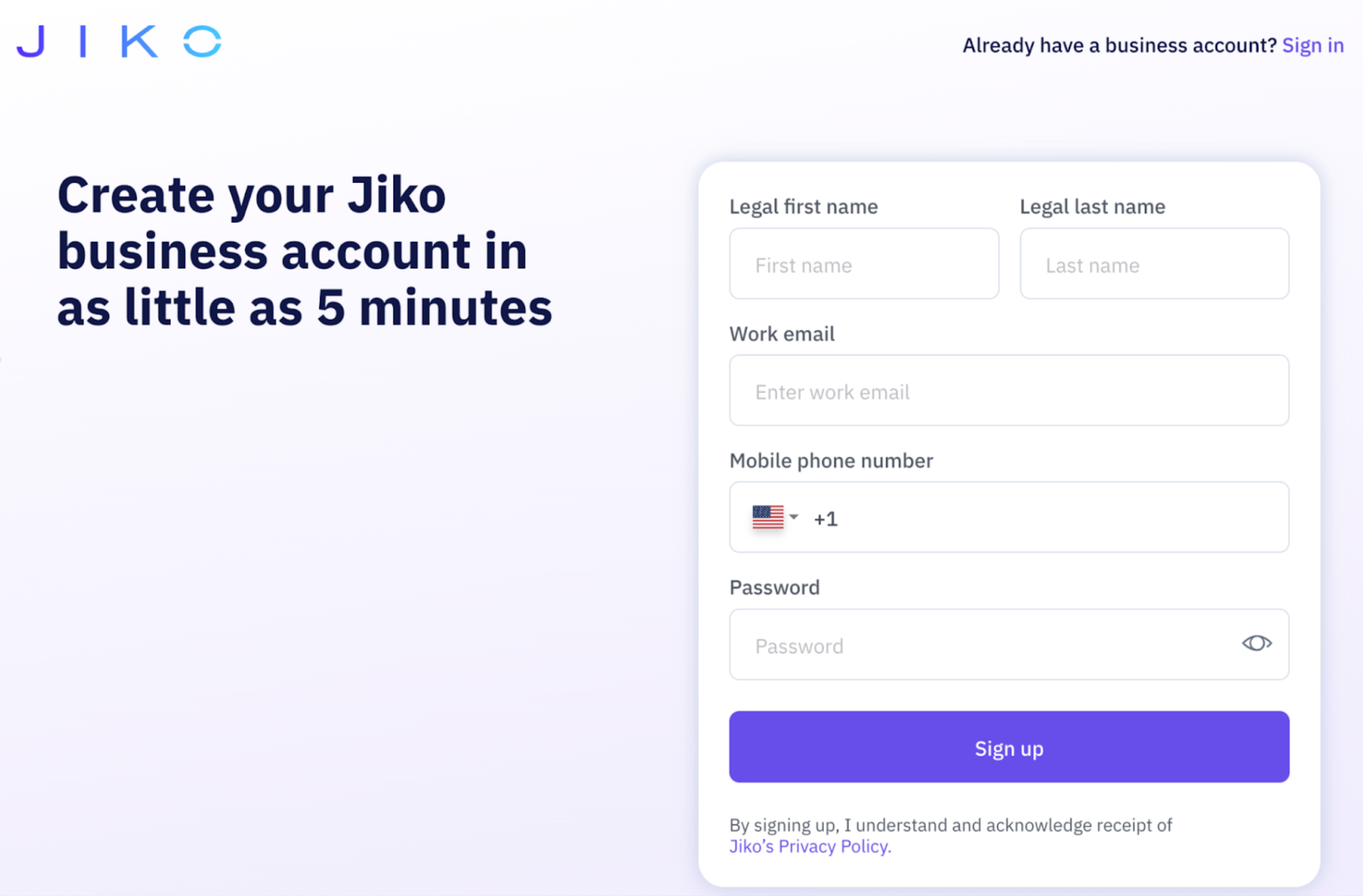 Jiko's Authenticaion Portal Sign Up Page