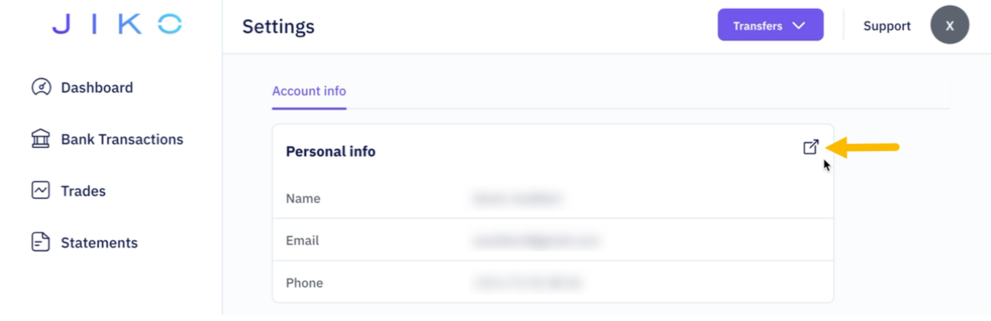 Jiko's Business Dashboard Settings Page, yellow arrow pointing to external link