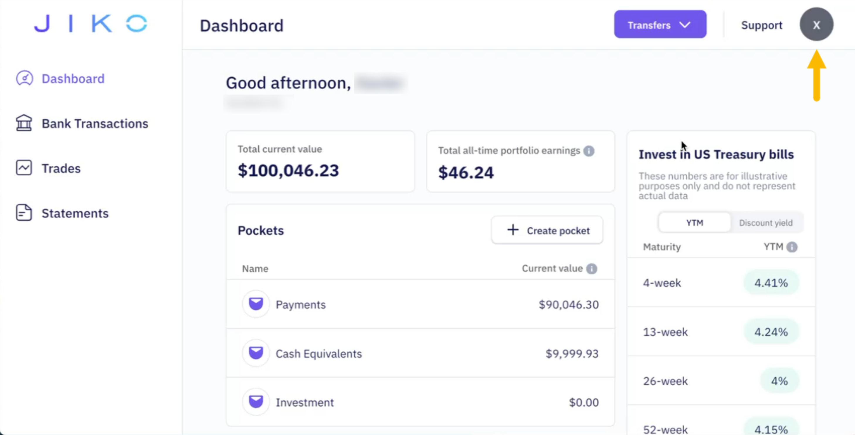 Jiko's Business Dashboard Landing Page, yellow arrow pointing to user