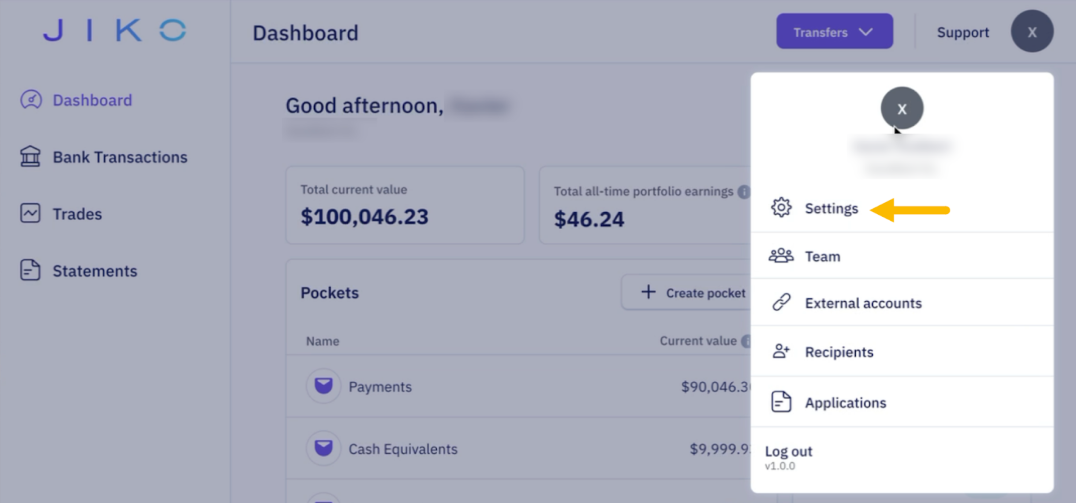 Jiko's Business Dashboard Landing Page, yellow arrow pointing to user settings