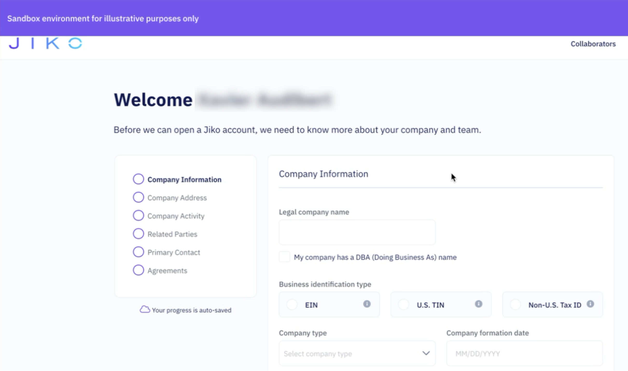 Jiko's Onboarding Portal Landing Page